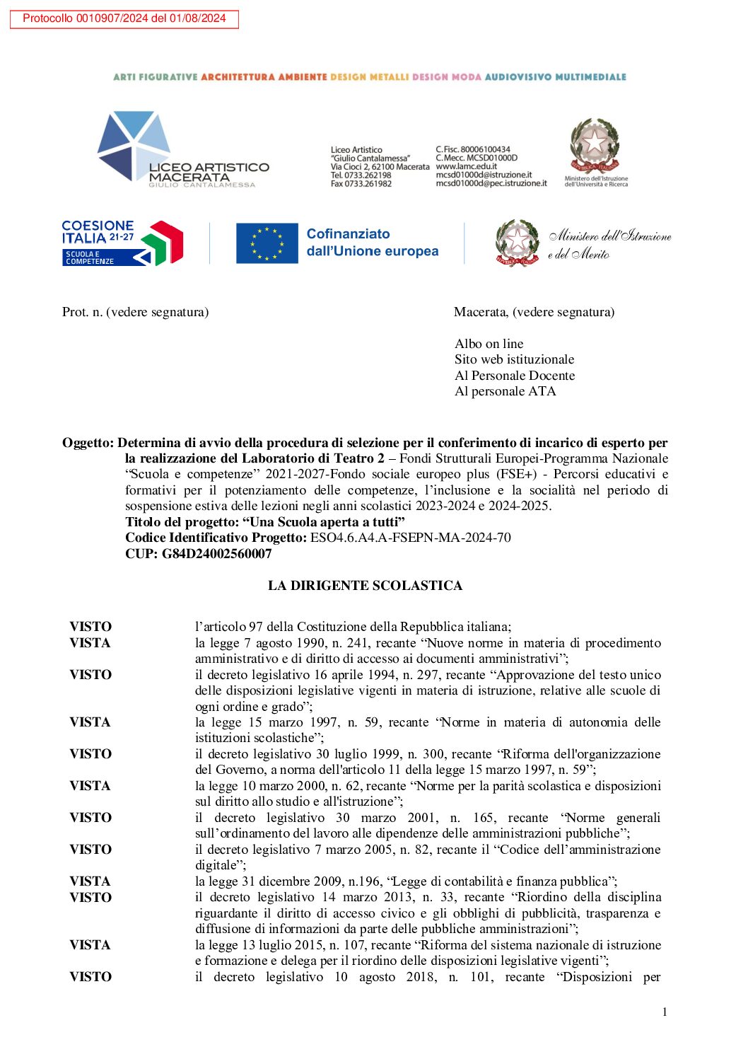 FIRMATO_1. Determina avvio di selezione Esperto Lasb. teatro 2