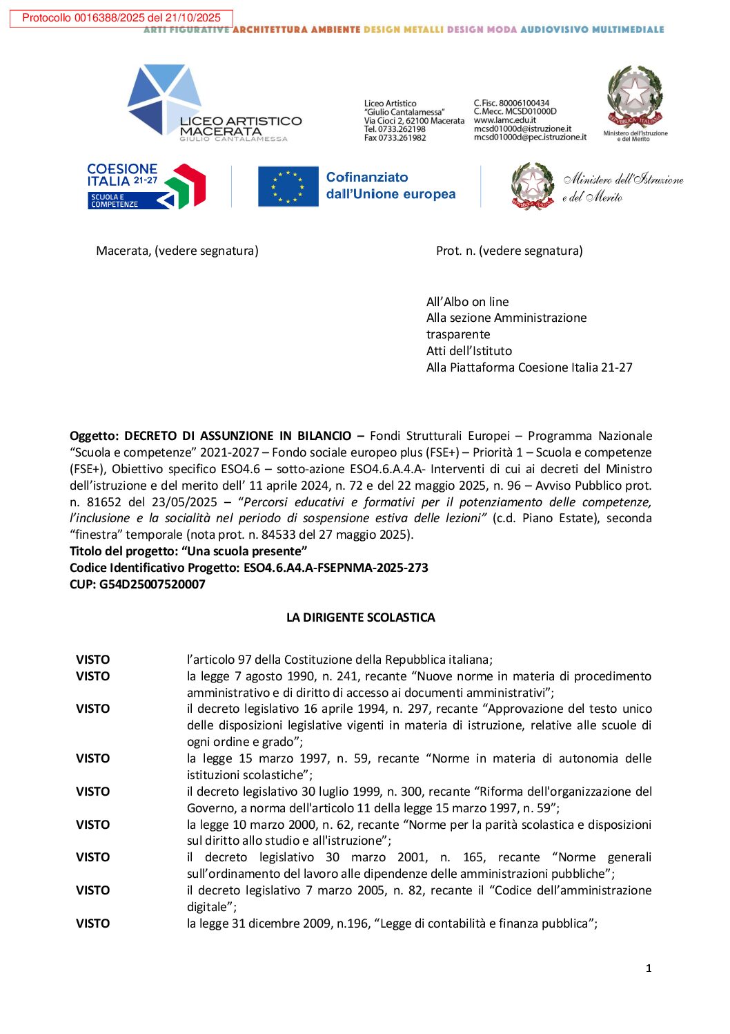 6. DECRETO DI ASSUNZIONE IN BILANCIO