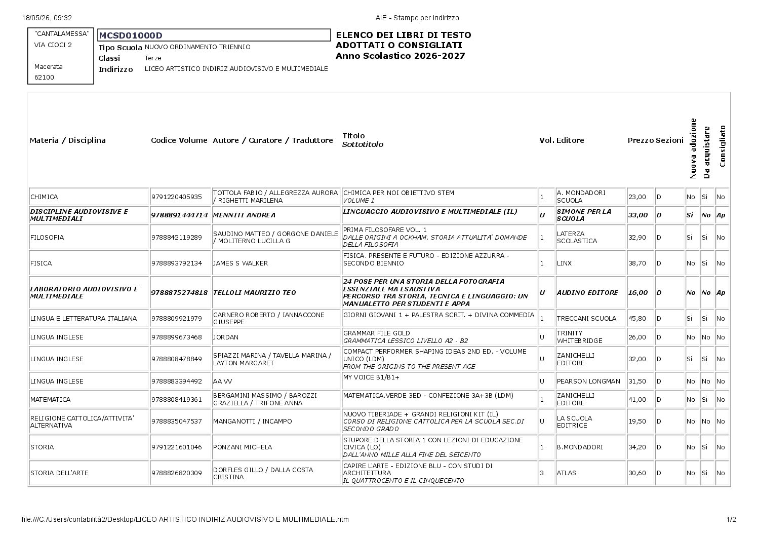 CLASSI TERZE – LICEO ARTISTICO INDIRIZ.AUDIOVISIVO E MULTIMEDIALE